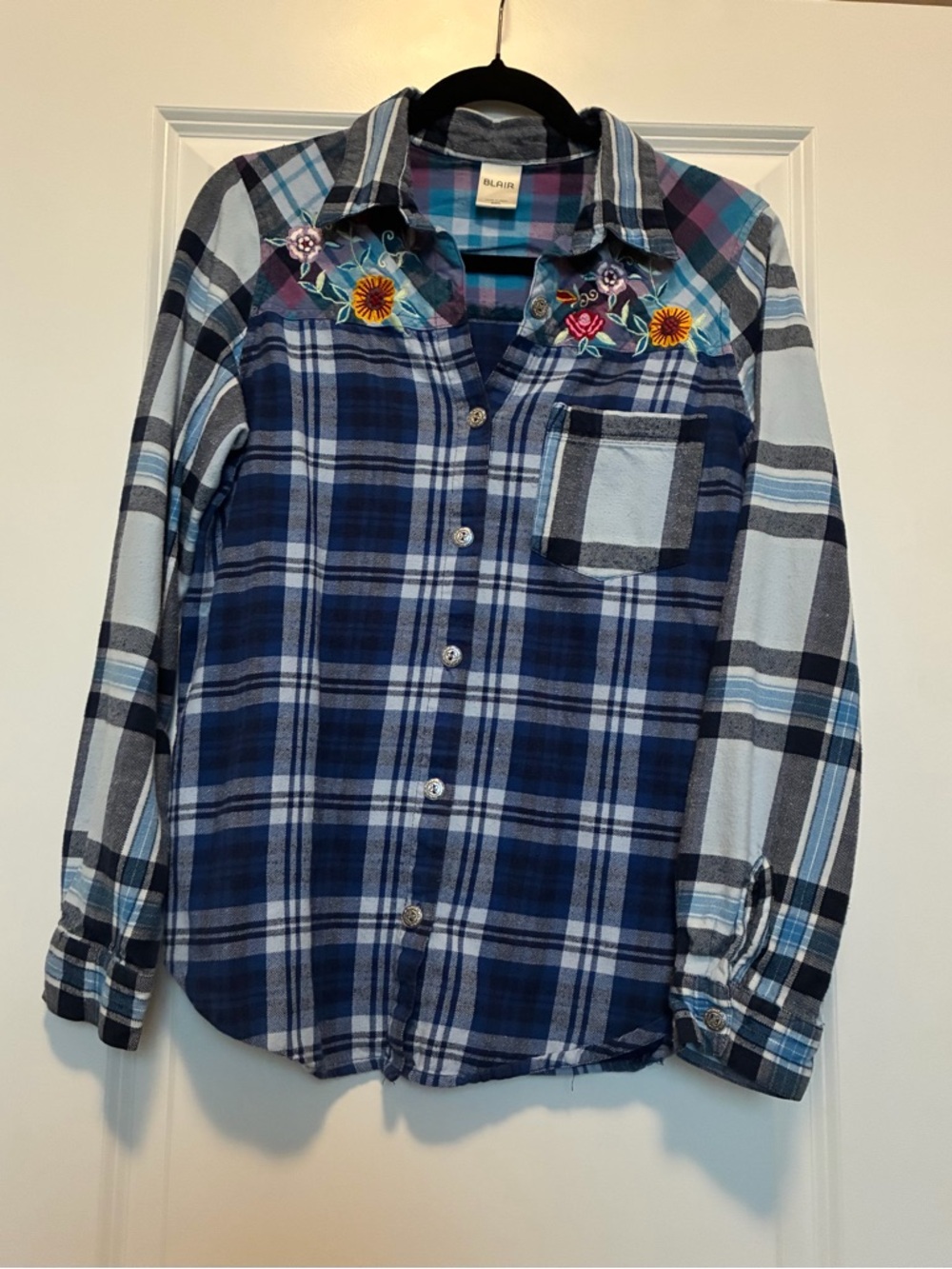Blair Blue Plaid Button-Down Shirt with Floral Embroidery